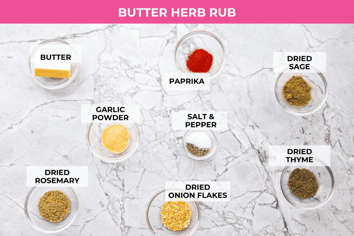 Slow Cooker Turkey Breast is the perfect way to get tender, juicy turkey with a fraction of the prep but all the flavor. Let the slow cooker do ALL the work! Overhead shot of labeled butter herb rub ingredients.