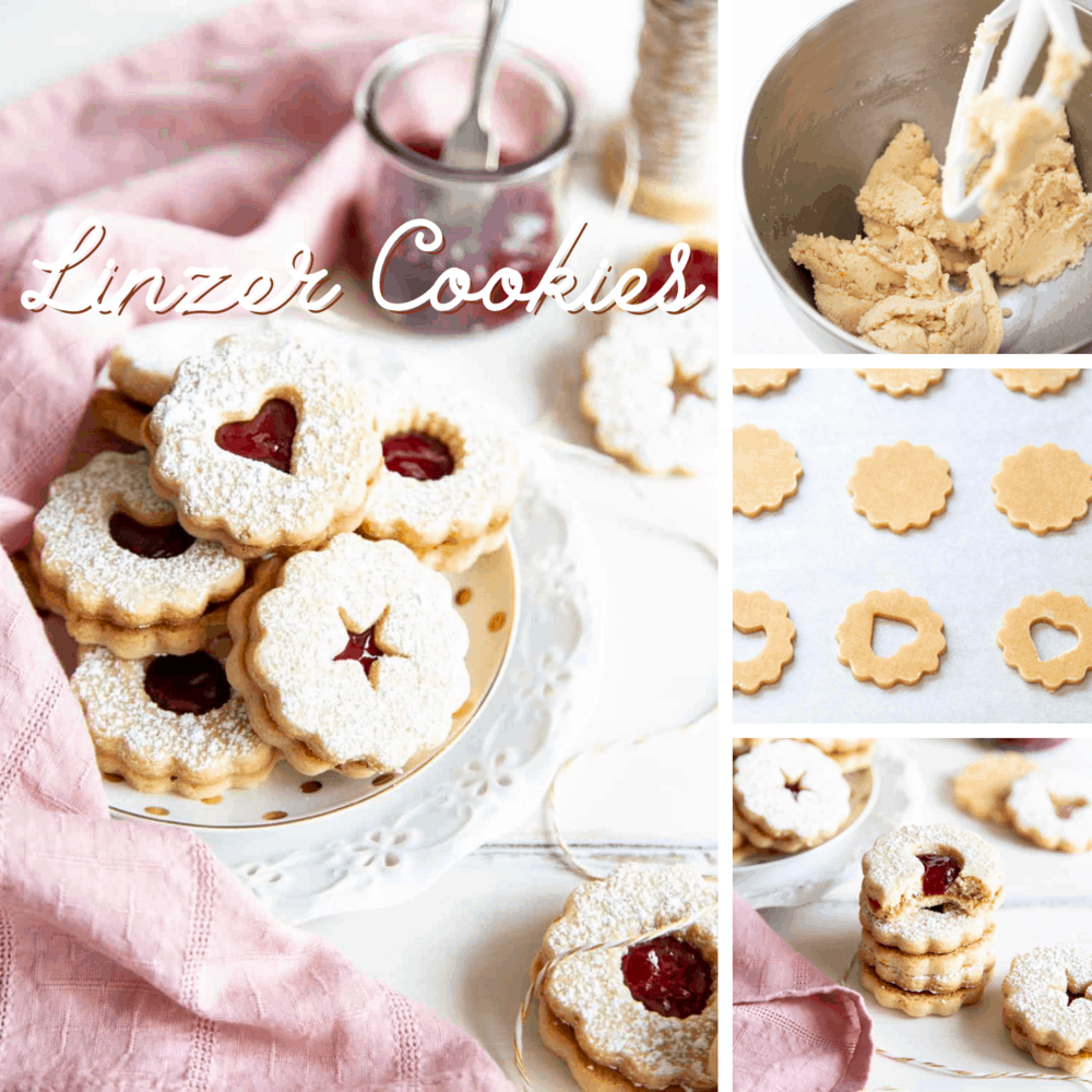 Linzer cookies are a combination of buttery orange infused shortbread and jam, as pleasing to look at as they are to eat. These festive treats are perfect for any holiday or special occasion. Linzer Cookies in a collage.