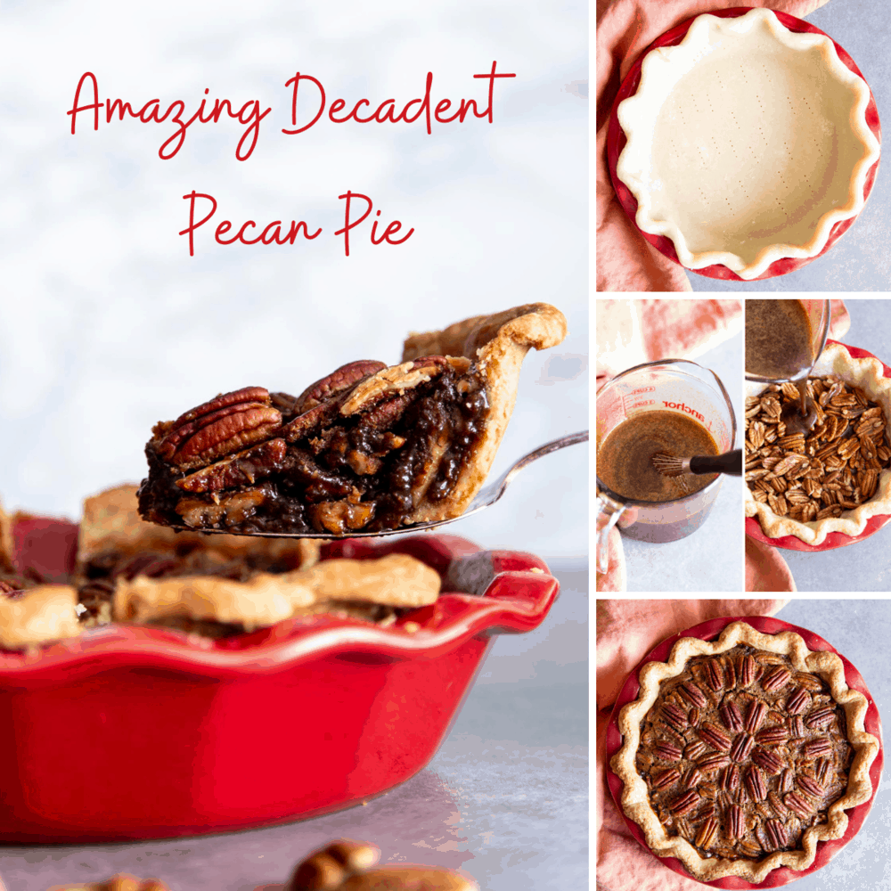 Amazing Decadent Pecan Pie is a rich, chewy, nutty, sweet, traditional holiday staple. For many the holidays aren't the holidays without this brilliant dessert on the table. This homemade delight is surprisingly super simple. You are going to love it! A Collage of steps to make pecan pie.