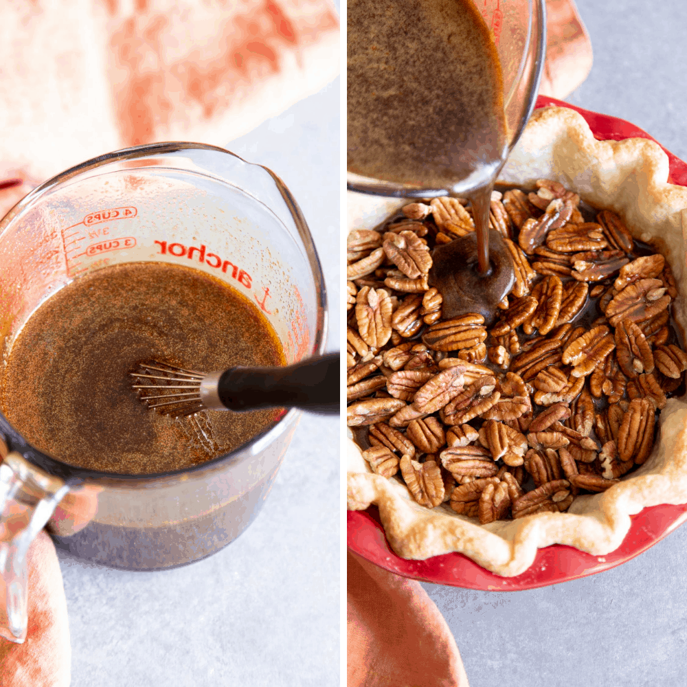 Amazing Decadent Pecan Pie is a rich, chewy, nutty, sweet, traditional holiday staple. For many the holidays aren't the holidays without this brilliant dessert on the table. This homemade delight is surprisingly super simple. You are going to love it! Making the filling and putting it in the cooked pie shell.