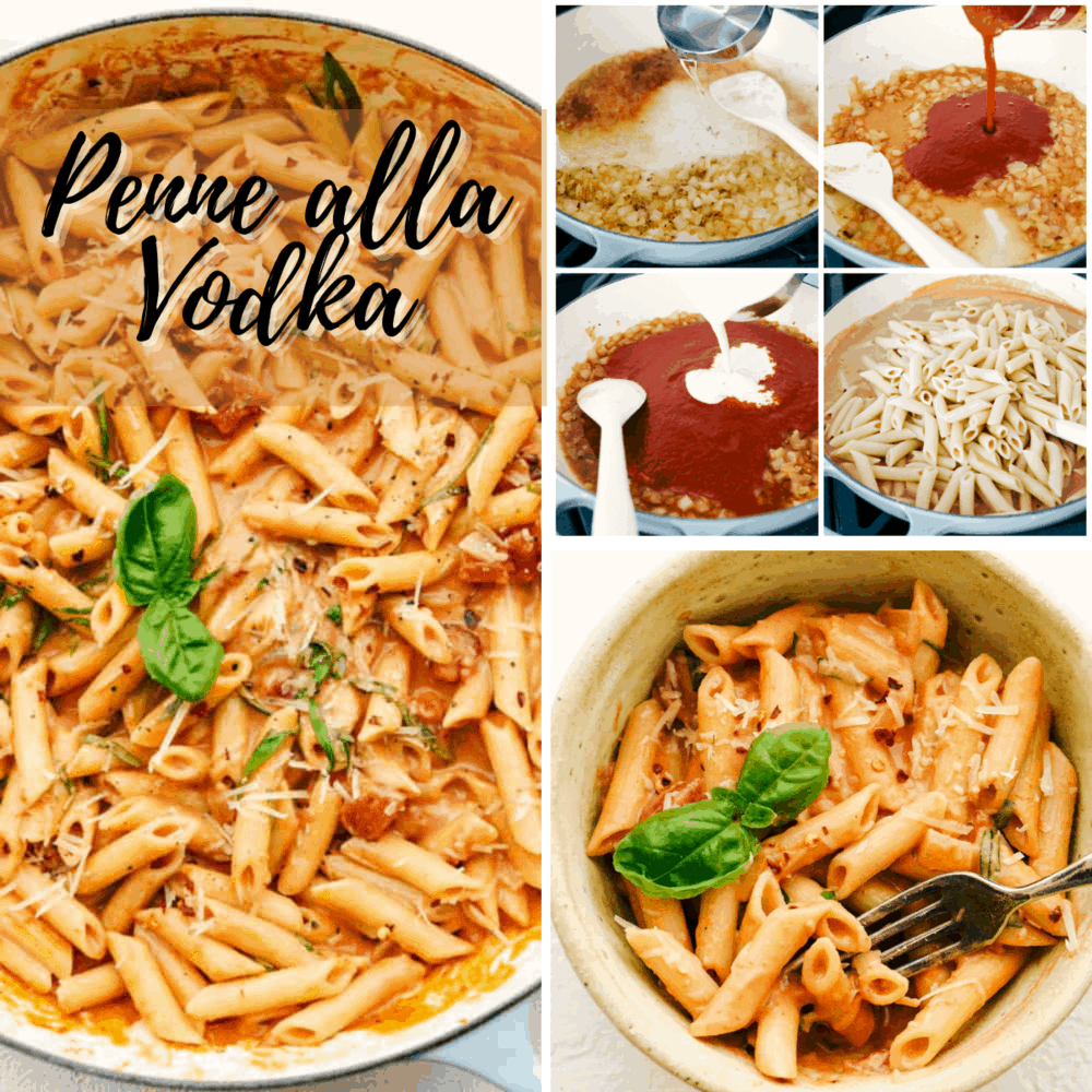 Penne alla Vodka is creamy, full of flavor and absolutely divine! This simple yet elegant dish is exploding with a creamy rich tomato sauce, and tender pasta. Perfect dinner anytime of the week! A collage of the steps to make penne alla vodka.