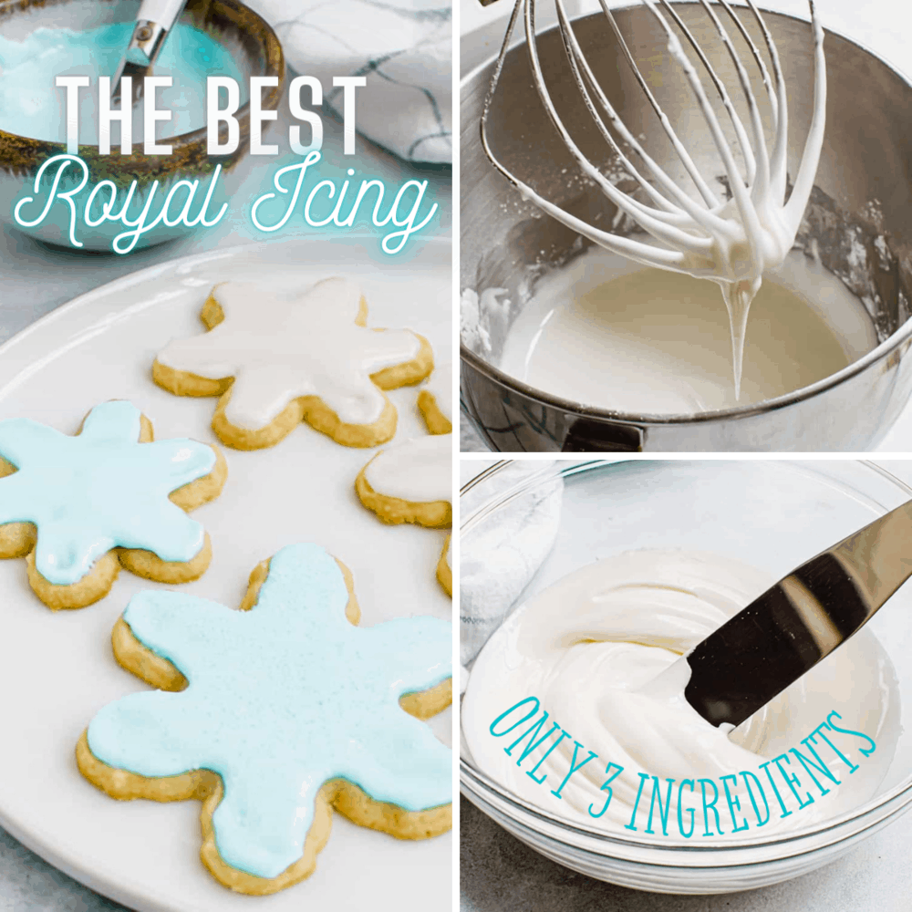 This classic and simple royal icing recipe is a cookie decorating staple with a smooth consistency that sets quickly without hardening too much. Made with meringue powder it has a delicious taste and a smooth texture that's perfect for flooding and piping cookies. Collage of royal icing being made.