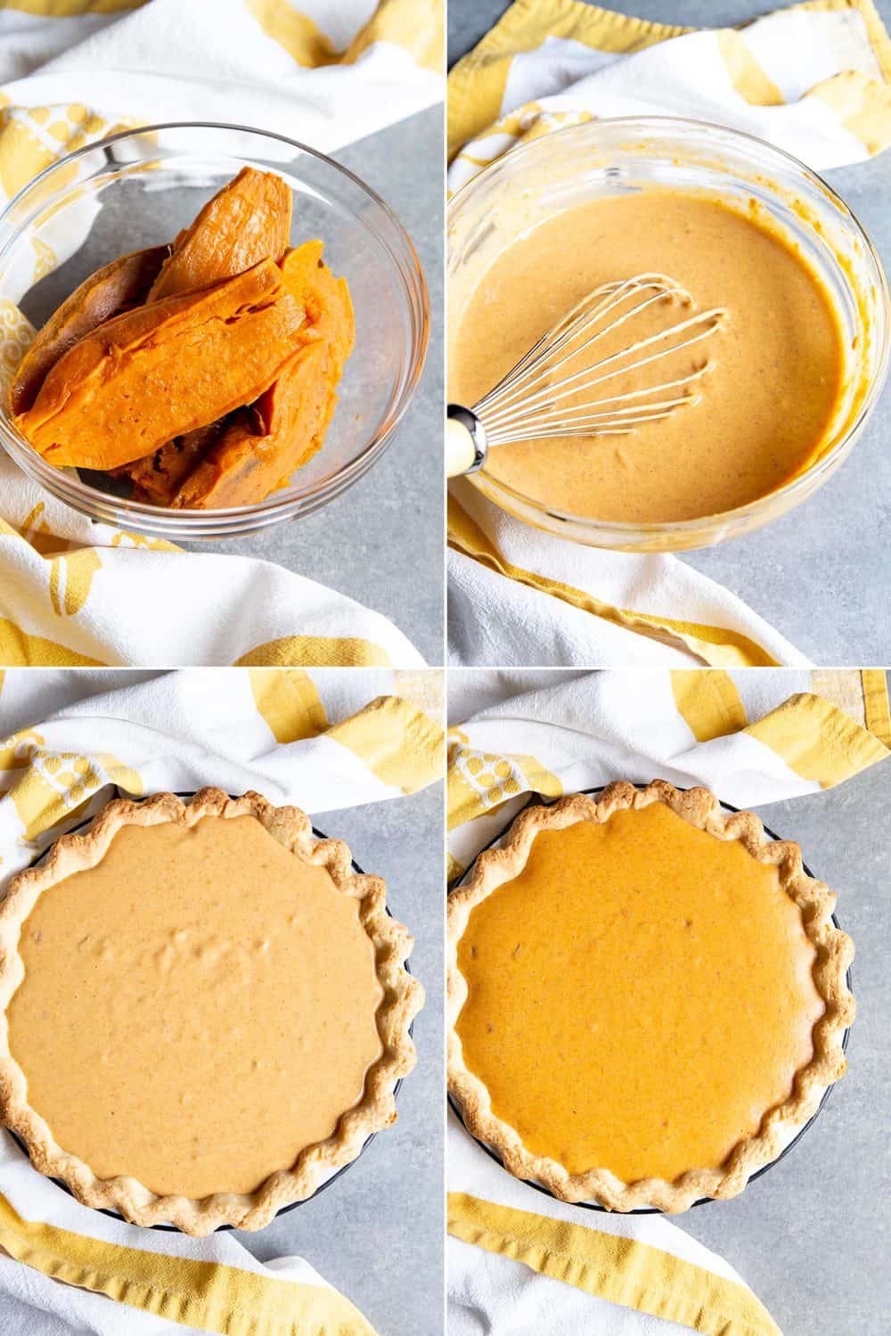 This Sweet Potato Pie is unlike any others you’ve eaten. The filling is made with cream cheese for a cheesecake like creaminess and texture you won’t be able to resist. A collage of 4 photos showing process of making the sweet potato pie