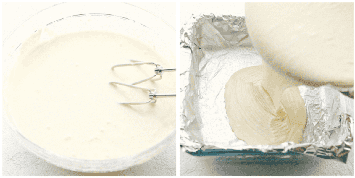 Vanilla Fudge is rich, indulgent and absolutely amazing! This is going to such a nice addition to your holiday sweet treats. Fudge batter being mixed and poured into a tinfoil lined pan.
