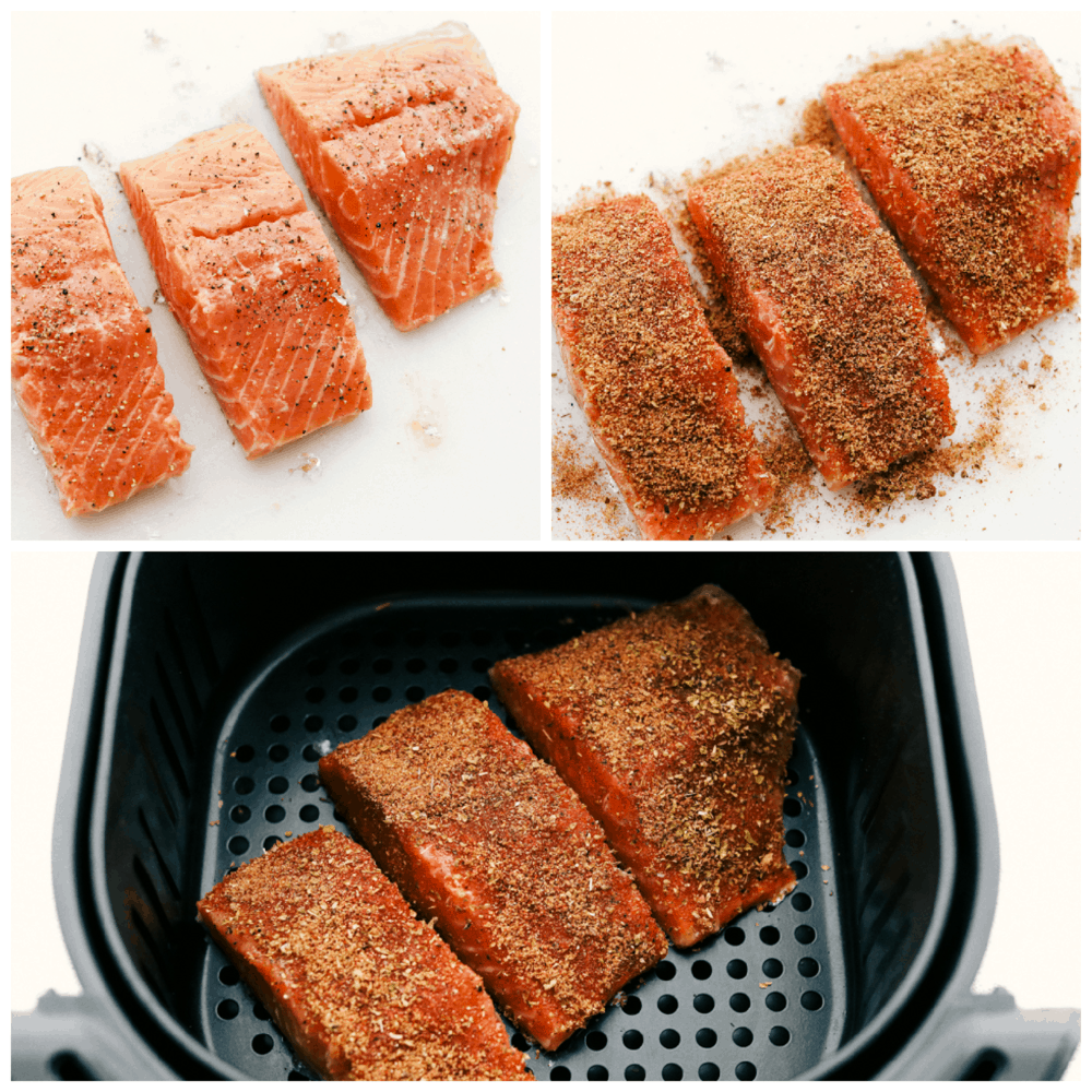 Melt-in-your-mouth brown sugar garlic air fryer salmon is juicy, tender and full of flavor.ย Salmon is so good, especially when it's cooked right, and the air fryer makes it perfect every time! It's an easy, hands-off way to make a scrumptious meal. Seasoning salmon with brown sugar and garlic, then adding it to an air fryer basket.