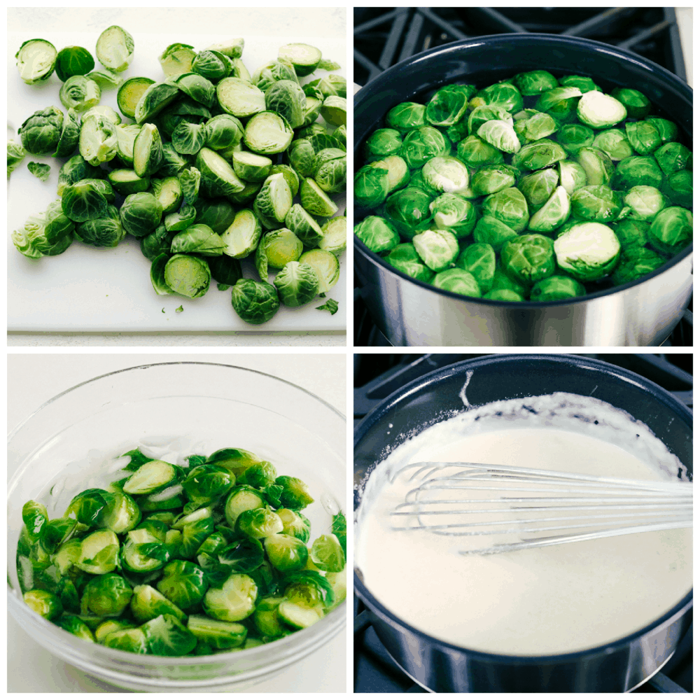 Creamy Parmesan Brussel Sprouts Gratin with Bacon is cheesy, savory and perfect for your holiday meals. Tender crisp brussels sprouts are smothered in a creamy sauce and topped with cheese and crunchy bacon. It's sure to be a crowd pleaser. Preparing Brussel Sprouts and cheese sauce for gratin.