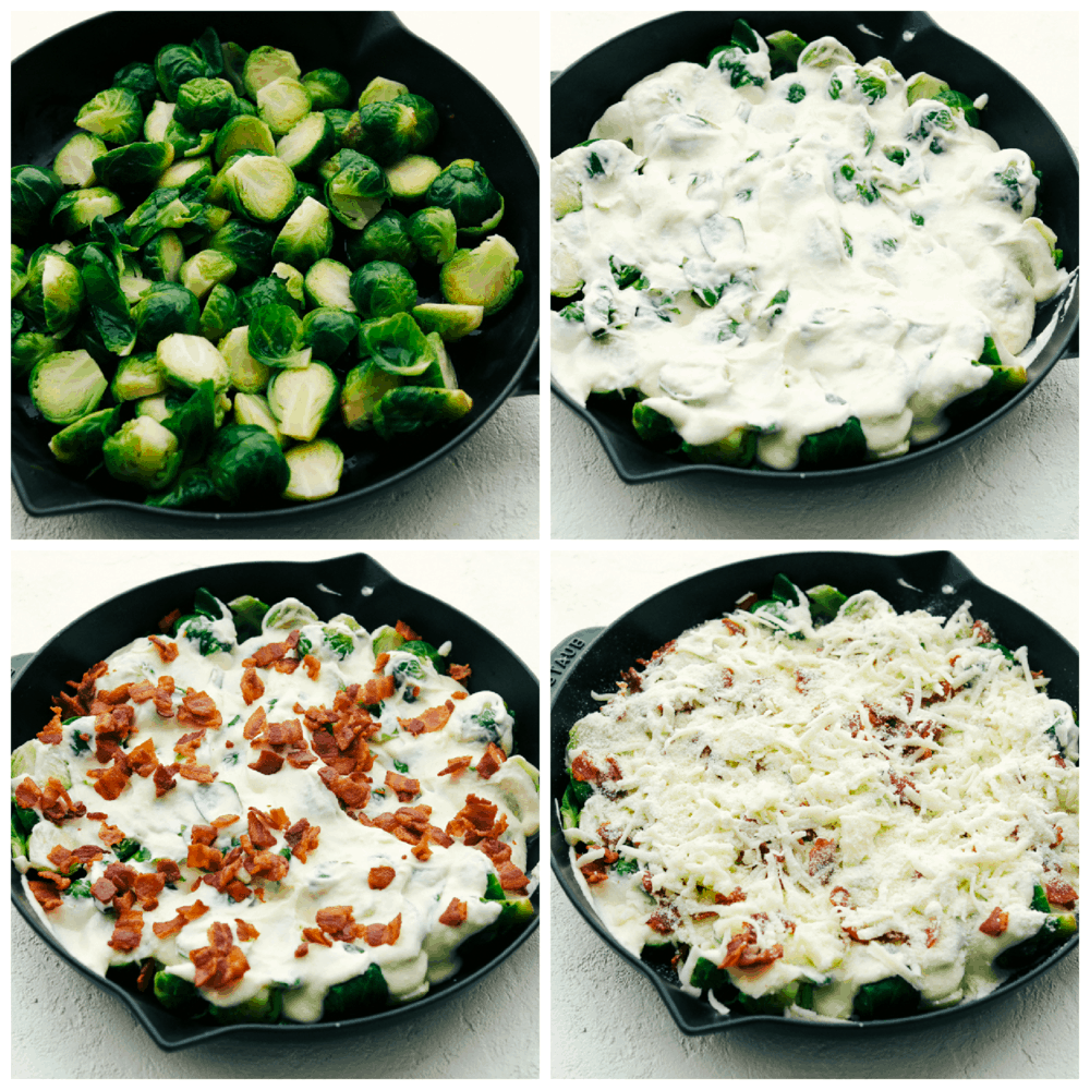 Creamy Parmesan Brussel Sprouts Gratin with Bacon is cheesy, savory and perfect for your holiday meals. Tender crisp brussels sprouts are smothered in a creamy sauce and topped with cheese and crunchy bacon. It's sure to be a crowd pleaser. Layering brussels sprouts, cheese sauce, bacon and cheese in a cast iron skillet.