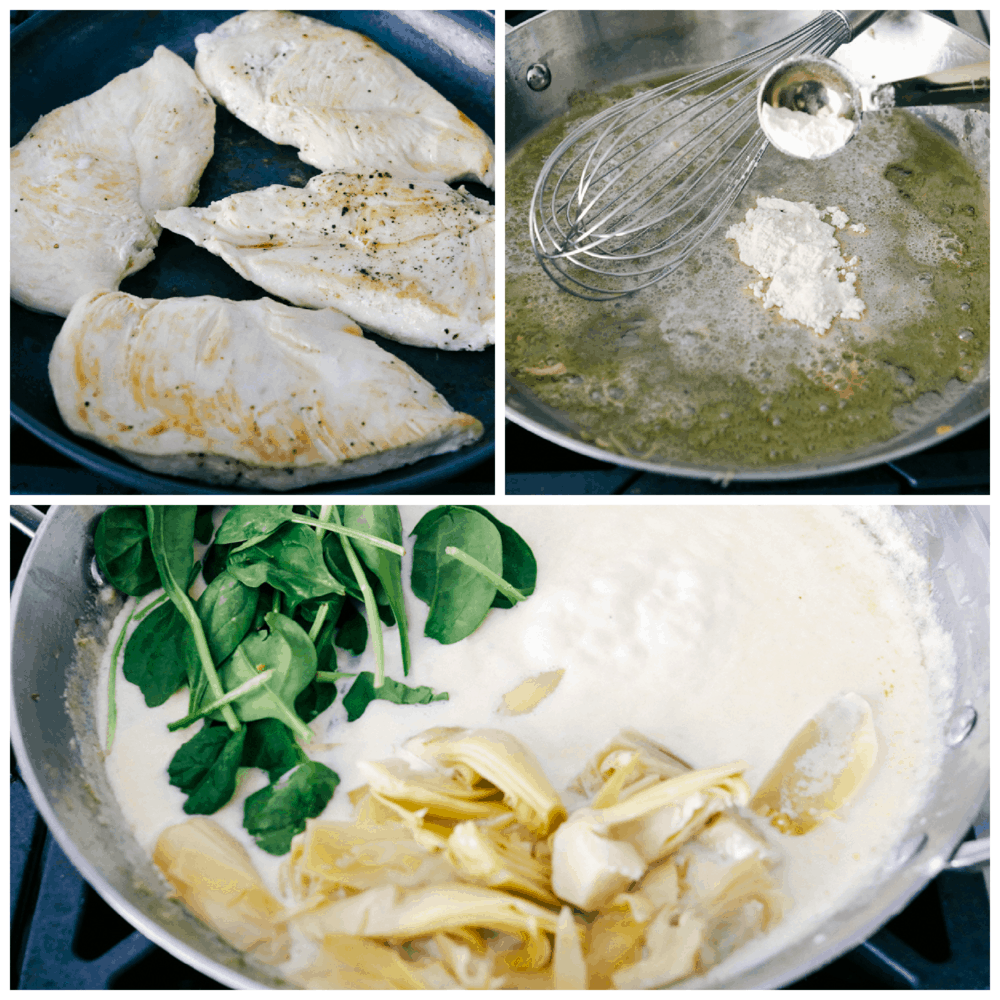 Pan seared chicken is smothered in a decadent sauce with spinach and artichokes in this Creamy Spinach Artichoke Chicken. It's a quick simple way to put a gourmet meal on the table any day of the week. Not only is it quick to make, it's made all in one pot so clean up is a breeze. sauteing chicken, making cream sauce and adding spinach and artichokes.