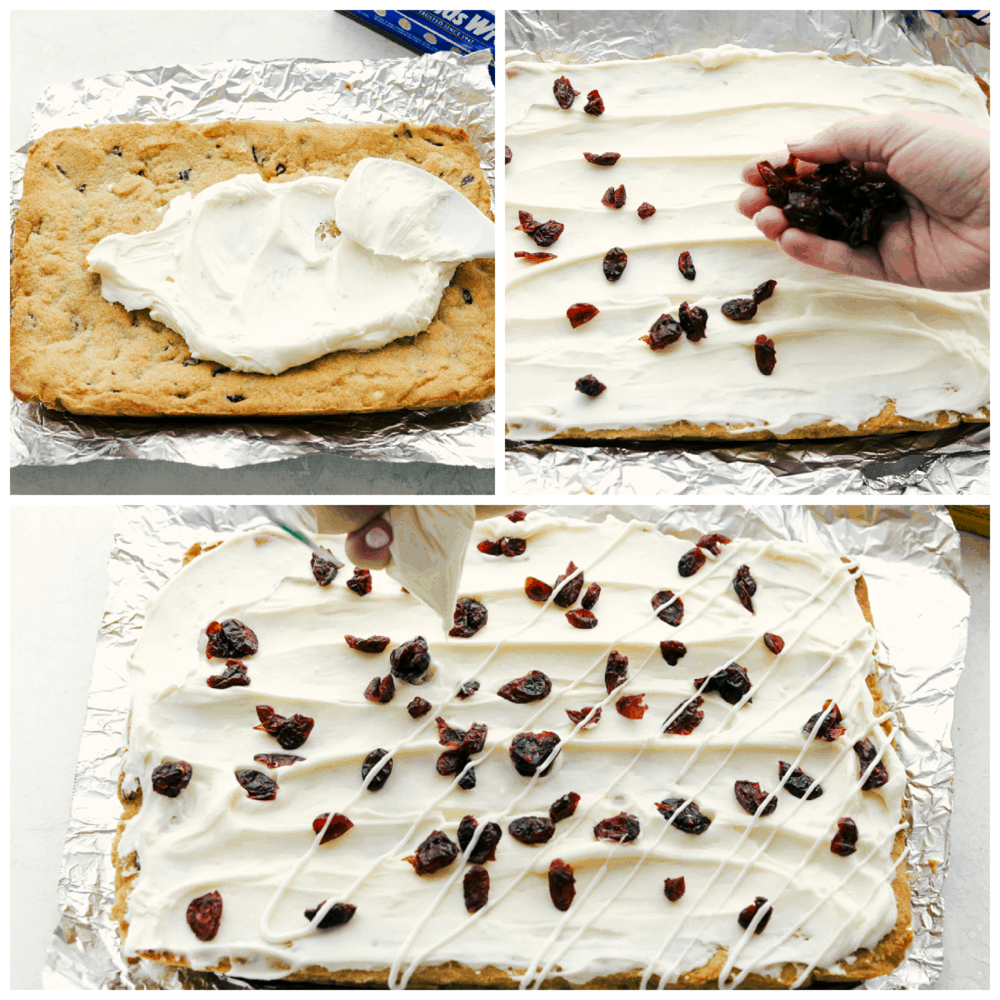 These Cranberry Bliss Bars are a little slice of heaven! White chocolate chips hidden in a blondie cookie bar with dried cranberries then the perfect cream cheese frosting overtop and finished off with sprinkled droplets of cranberries and a white chocolate drizzle for the best garnish is just the beginning! A collage of how to make the cranberry bliss bars.