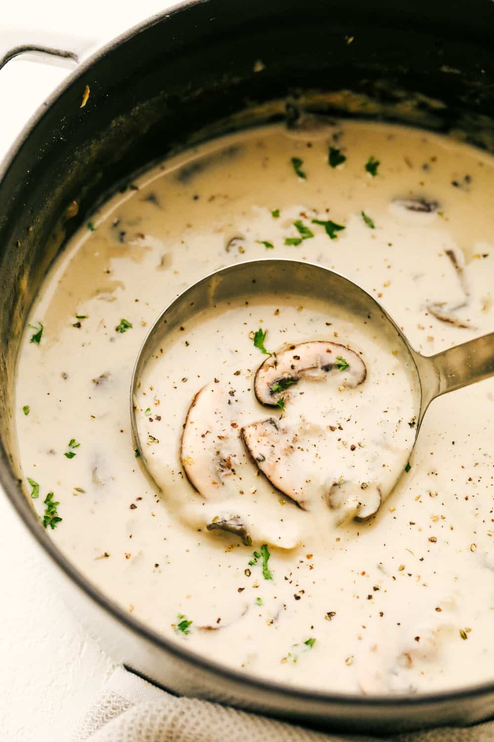 Cream of Mushroom Soup is a dreamy creamy soup full of delicately flavored sauteed mushrooms and herbs. If you love the taste of cream of mushroom soup, but can stand the canned version, this is for you! This is a fancy, thick, rich, restaurant worthy soup you can whip up at home in no time.ย Dreamy Cream of Mushroom Soup.