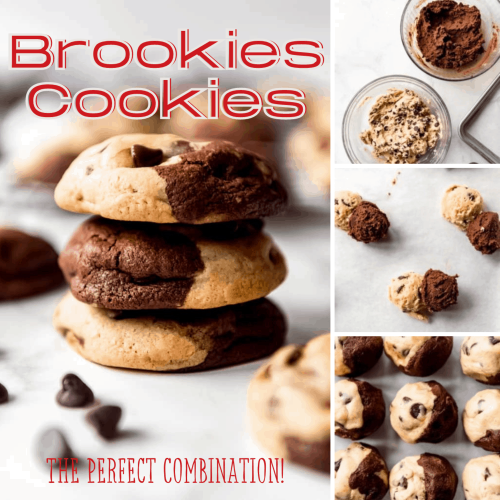 Brookies Cookies are a deliciously fun mashup of two of our favorite desserts: brownies and chocolate chip cookies! Soft and chewy with plenty of chocolate chips, these are always a hit with the family! A collage of how to make cookies.