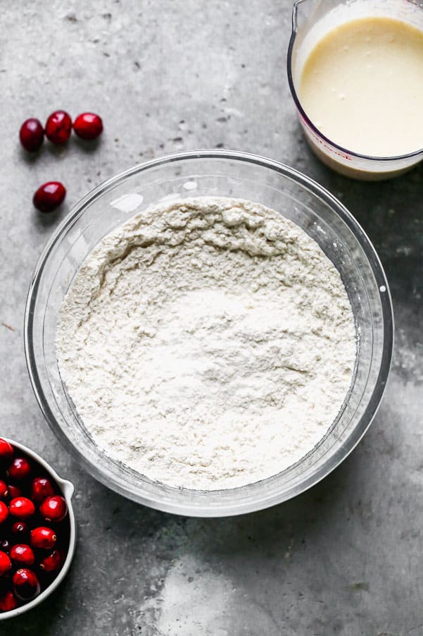 These Cranberry Muffins are the perfect blend of tart and sweet, light, fluffy and perfect for your morning breakfast. All you need is one bowl and 30 minutes to whip these babies up from start to finish. Dry ingredients for the muffin mix.