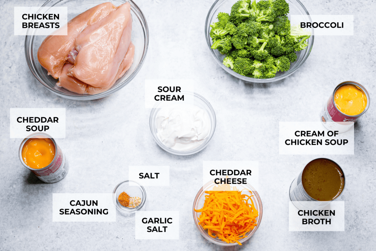 Slow-cooker creamy chicken and broccoli over rice is a super easy, delicious meal the whole family will love! Moist chicken and tender broccoli combine in a cheesy sauce that's absolutely divine.ย Overhead shot of labeled ingredients.