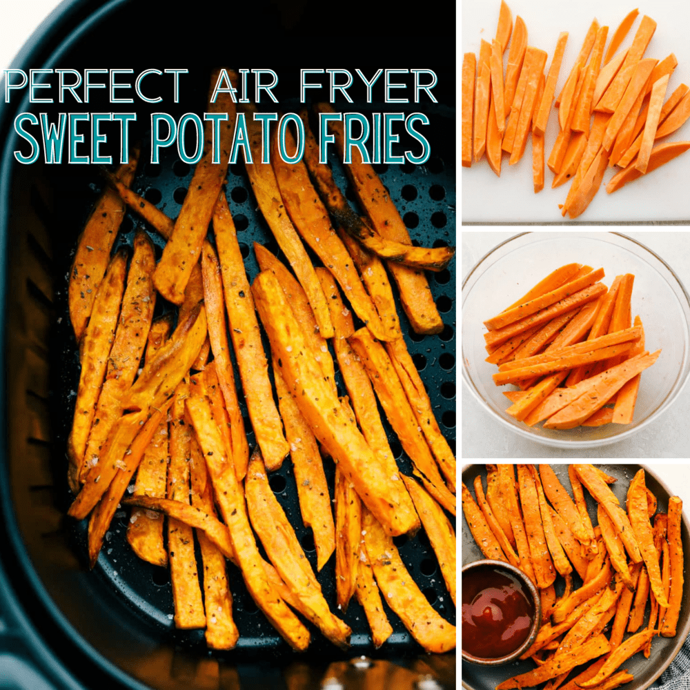 Perfect Air Fryer Sweet Potato Fries are crispy outside and tender inside. Lightly seasoned and golden, they are a delicious addition to any meal. These are a healthy way to indulge without the guilt. Pair them with your favorite dipping sauce and your side dish is done! Collage of the process making sweet potato fries.