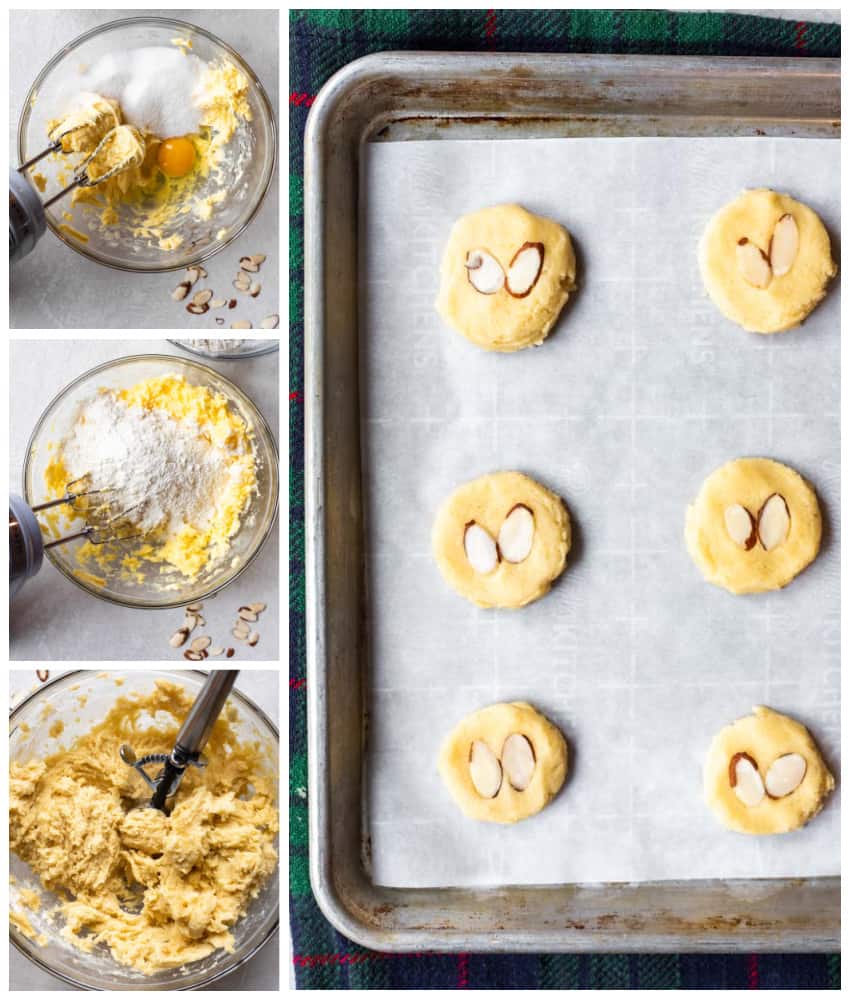 Almond Cookies areย ย buttery, soft and chewy these cookies are made with almond flour, almond extract, and topped with slices of toasted almond!ย Almond cookies in a collage.