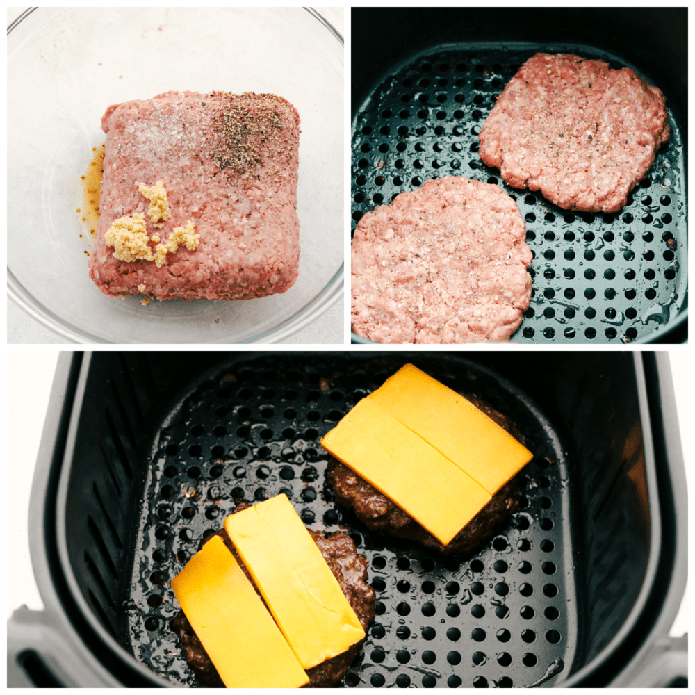 Juicy Air Fryer Hamburgers are the best burgers you will ever have, hands down! These are so succulent, they just might replace your grilled burgers forever! Mixing the seasoning with the hamburger and melting cheese on it in the air fryer.
