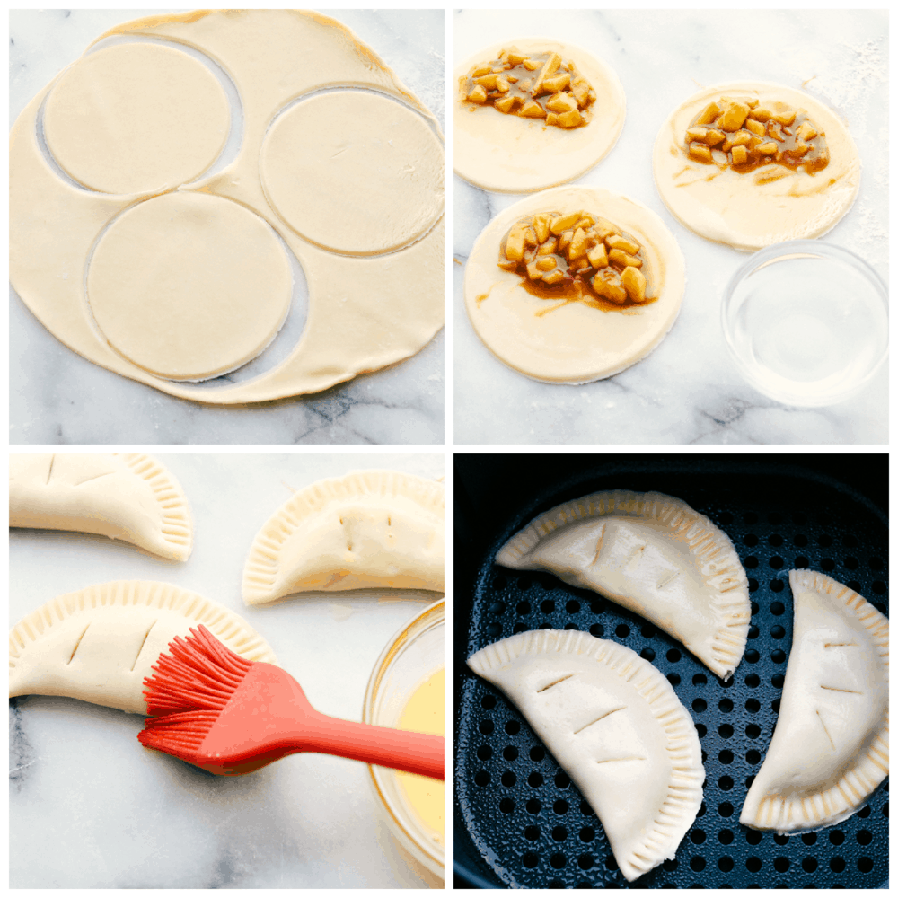 Seriously Amazing Air Fryer Hand Pies are an easy way to have dessert! Tender sweet spiced apples in a flakey crust you can hold in your hand! Rolling the pie crust and filling with apple filling and air fried.