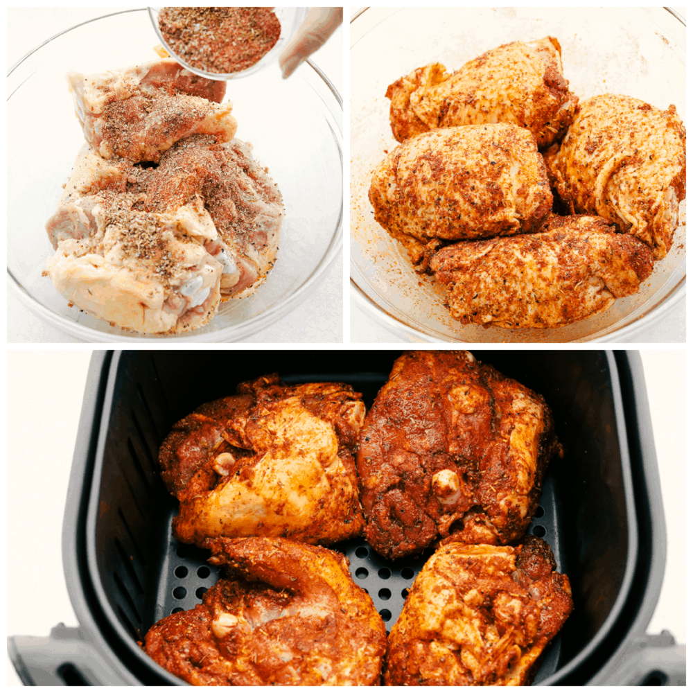Crispy and Juicy Air Fryer Chicken Thighs are the perfect thing to make tonight! Perfectly seasoned, these are the most scrumptious chicken thighs EVER! Seasoning and placing the chicken in an air fryer.