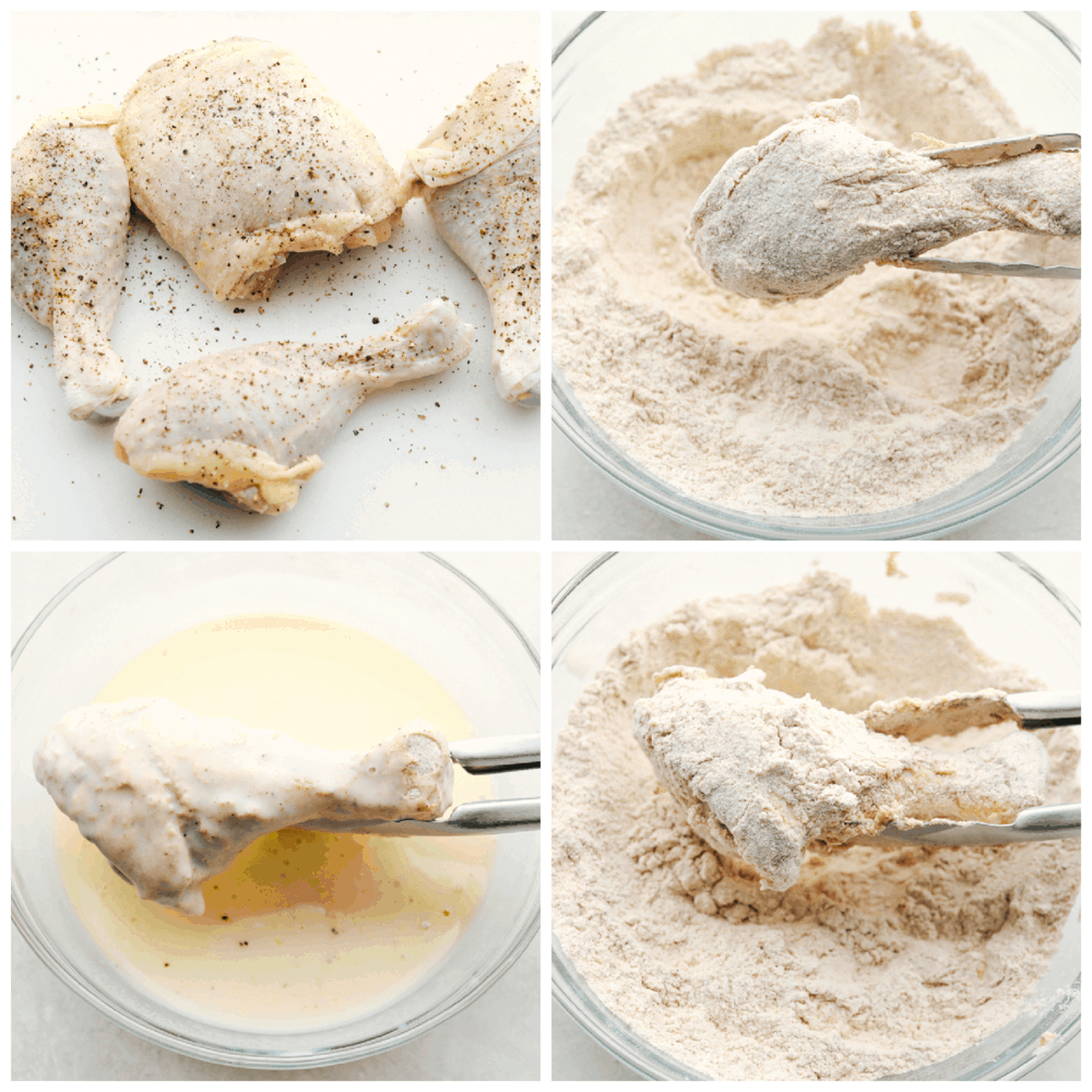 Crispy Air Fryer "Fried" Chicken is what Air Fryers were created to do! Crunchy golden seasoned outside, and tender, juicy, full of flavor inside! This is how chicken was meant to be eaten. A collage of 4 pictures showing how to season, and bread the chicken.