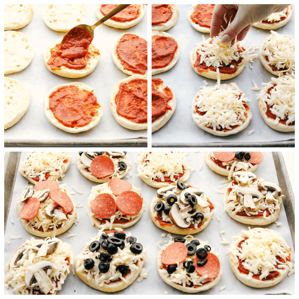 Easiest English Muffin Pizzas are a quick perfect dinner or lunch that everyone can customize. Whether you like just cheese or pepperoni and mushrooms, personalized english muffin pizzas are perfect for the whole family. Assembling English muffin pizzas with various toppings.