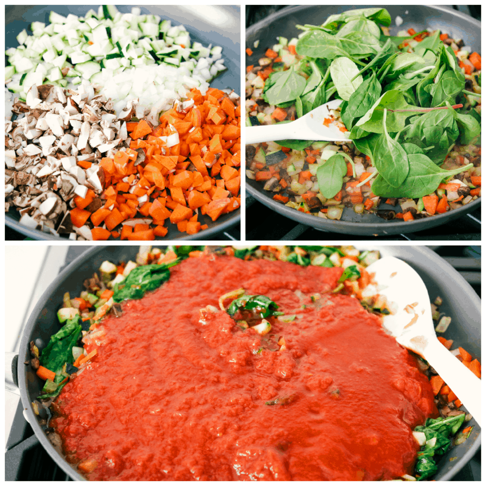 Full of flavor and hearty veggies, this truly is the Best Vegetarian Lasagna! Smothered in tender pasta, exquisite sauce and melty cheese this Lasagna is going to hit the spot! And I promise you won't miss the meat! Sauteing vegetables for the vegetable lasagna.
