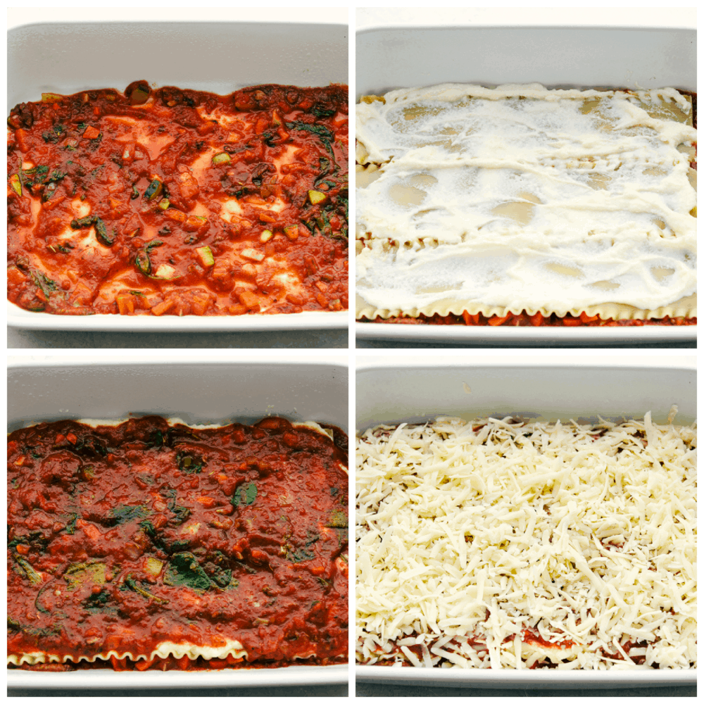 Full of flavor and hearty veggies, this truly is the Best Vegetarian Lasagna! Smothered in tender pasta, exquisite sauce and melty cheese this Lasagna is going to hit the spot! And I promise you won't miss the meat! Layering sauce, noodles, cheese for vegetable lasagna.
