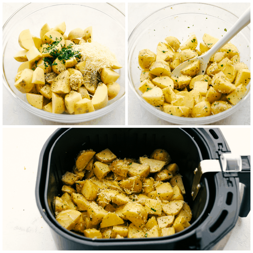 Perfectly seasoned, crispy and tender, these are Air Fryer Potatoes are that Best Ever! You will want them every night for dinner! Mixing the seasoning on the air fryer potatoes getting ready to roast.