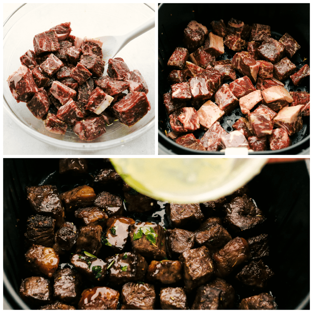 Air Fryer Garlic Steak Bites are tender morsels of steak perfection. Bite sized heaven in less than 15 minutes! Seasoning the steak bites, cooking them and drizzling with herb butter.