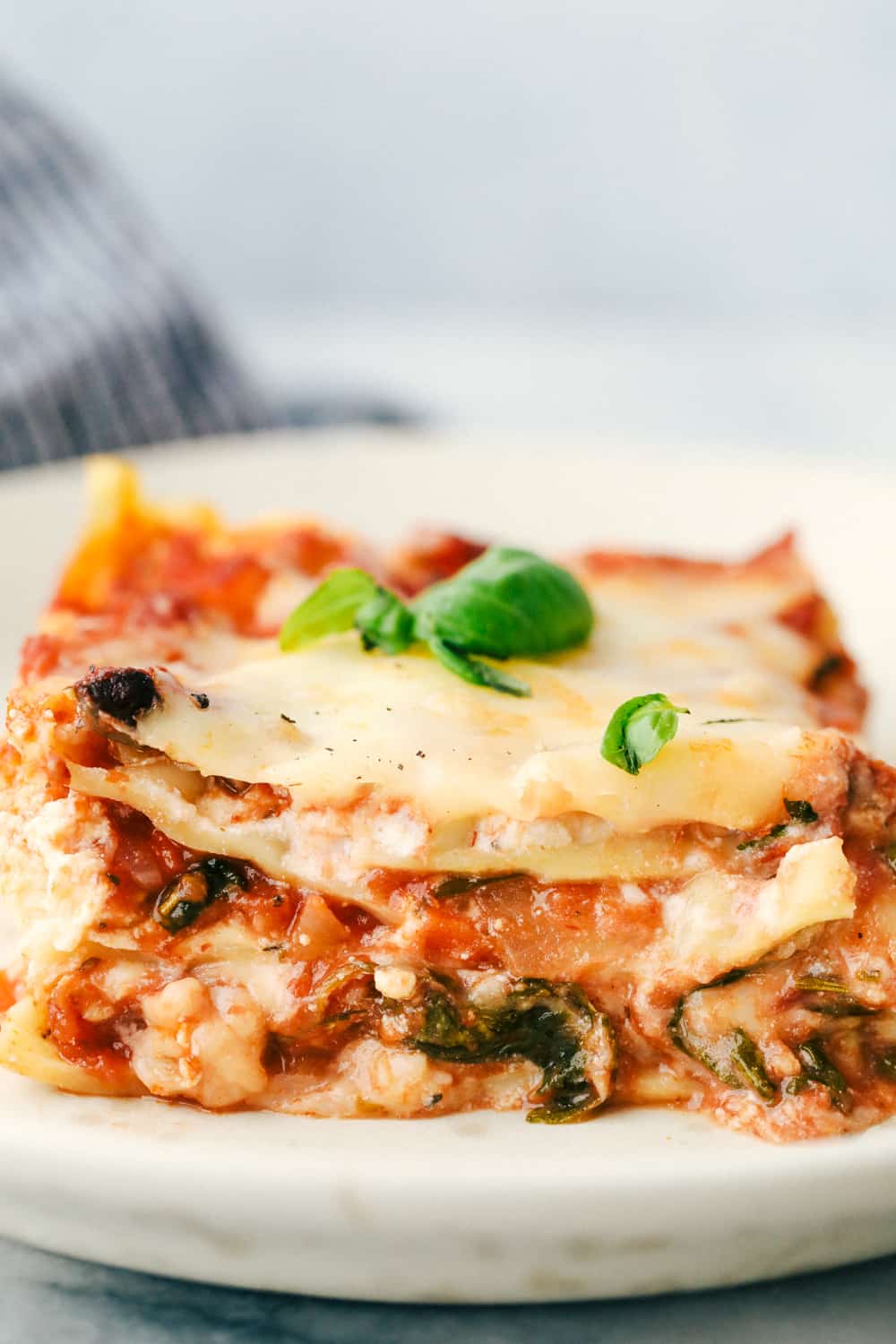 Full of flavor and hearty veggies, this truly is the Best Vegetarian Lasagna! Smothered in tender pasta, exquisite sauce and melty cheese this Lasagna is going to hit the spot! And I promise you won't miss the meat! Plated vegetable lasagna with cheese, noodles and sauce.