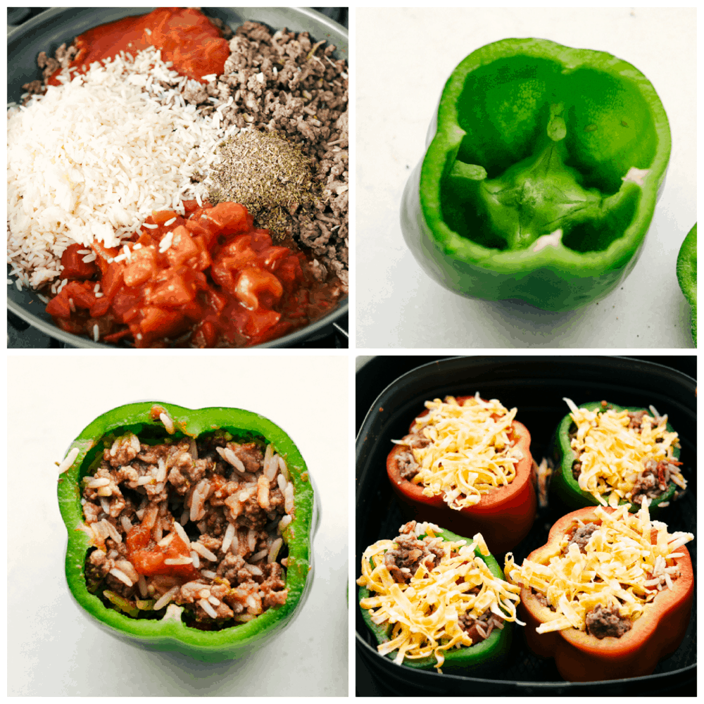 A super easy and delicious dinner begins here with Air Fryer Stuffed Peppers. Filled with a savory mixture and cooked to tender perfection, it is going to be a family favorite! Making the filling and putting the filling in the peppers and air frying.