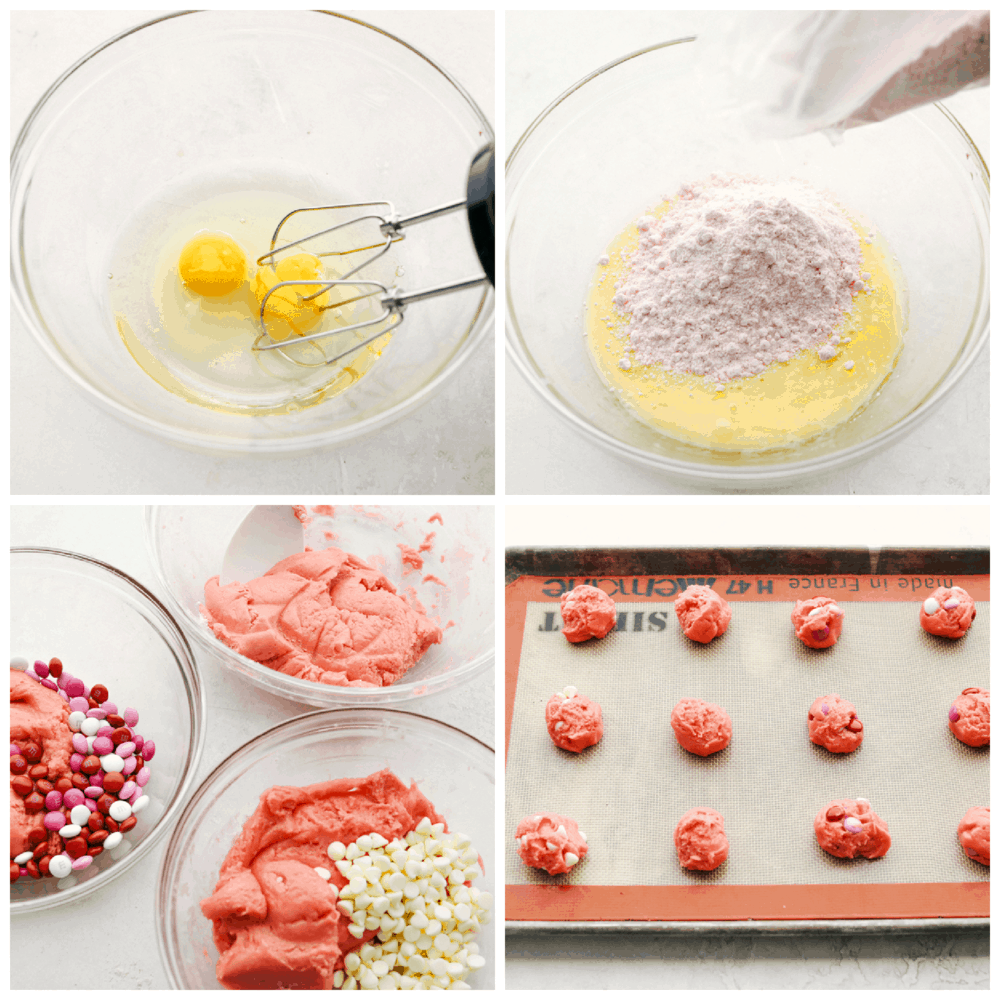 Strawberry cake mix cookies are a sweet treat that is super fast and easy! Make these pink cookies for Valentine's Day, baby showers, or any special occasion. Beating eggs, adding the cake mix and the candies, then putting them on a cookie sheet to bake.