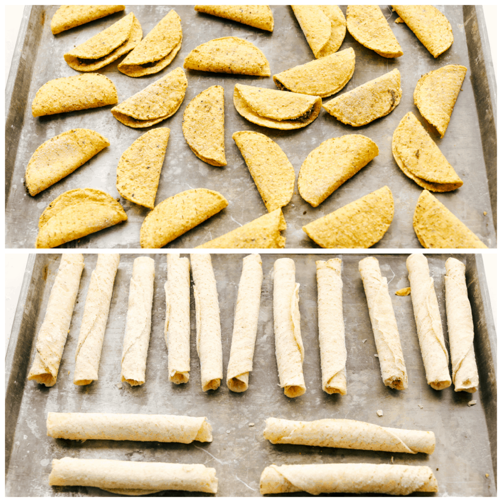 This taco board is everything you need to have for the ultimate get together! It is the perfect combination! Two photos of sheet pans with frozen tacos and frozen taquitos.