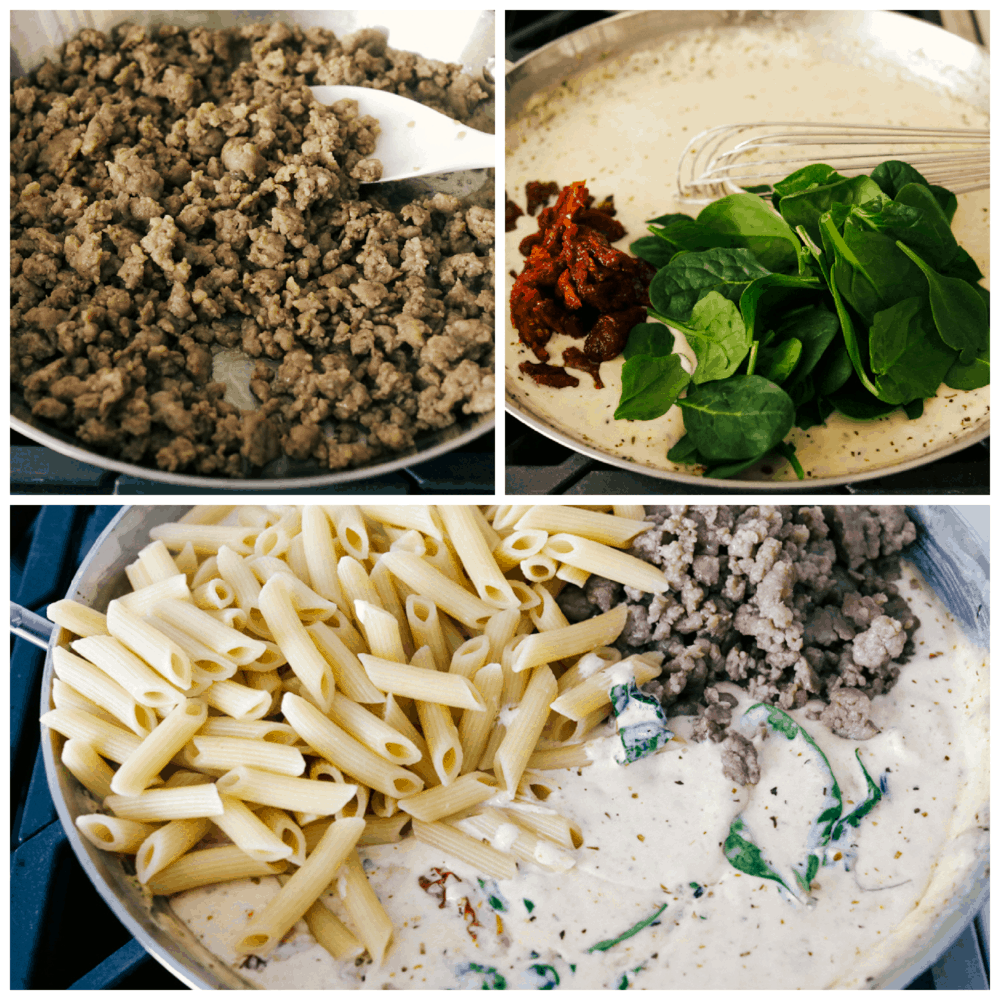 Creamy Tuscan sausage pasta is pretty much a one pan wonder you will want to cook over and over again!ย Perfect for a busy night, this is a hearty comforting dish that will truly satisfy. Cooking the sausage, making the cream sauce and mixing it all together in the pan.