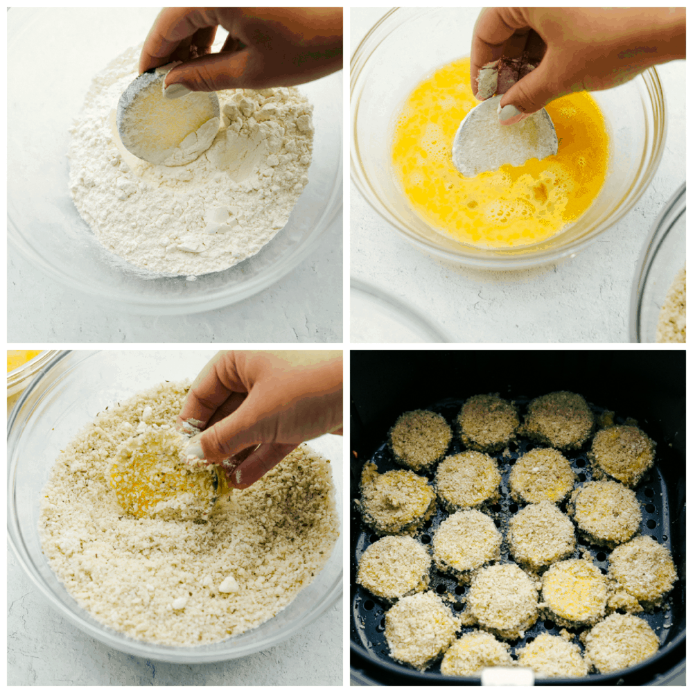 Air Fryer Parmesan Zucchini Chips are crunchy, savory bites of heaven! This is hands down one of the best ways to eat zucchini! Dredging, and seasoning zucchini chips for the air fryer.