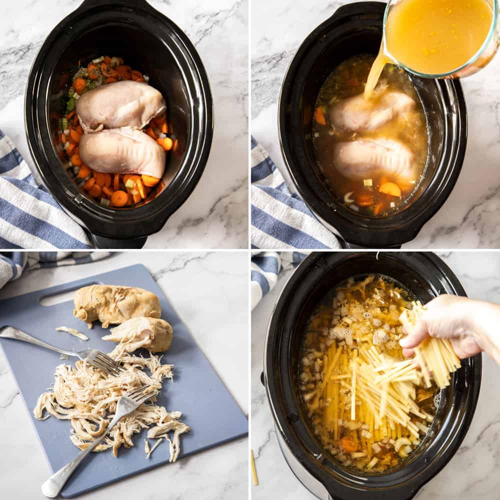 Comforting and hearty, this crockpot chicken noodle soup is so easy to make, and right in the slow cooker. Let the house fill with the most wonderful aroma knowing a cozy dinner is on the way! 4 images showing the steps to making chicken noodle soup in a slow cooker