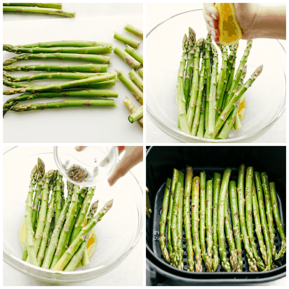 Air Fryer Asparagus is crisp, tender and delicious. This is hands down the best way to roast asparagus! Trimming and adding seasoning to the asparagus for air frying.