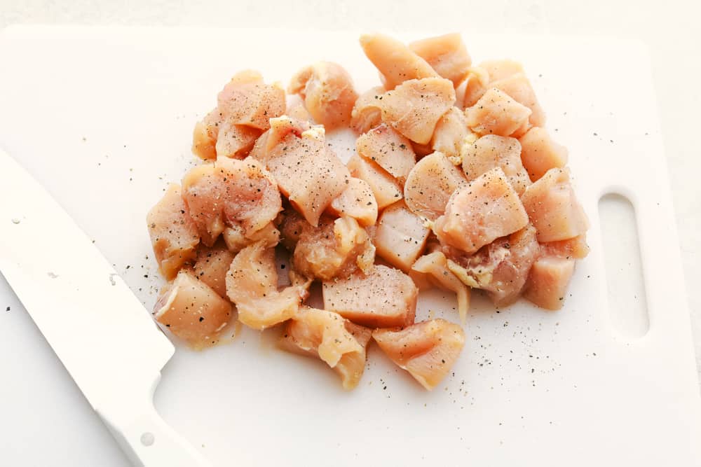 Chicken breast cut into 1 inch pieces.