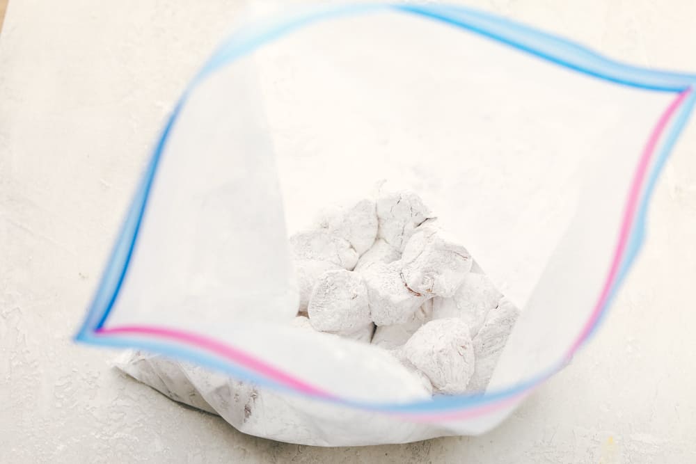 Pieces coated in cornstarch in a ziplock back.
