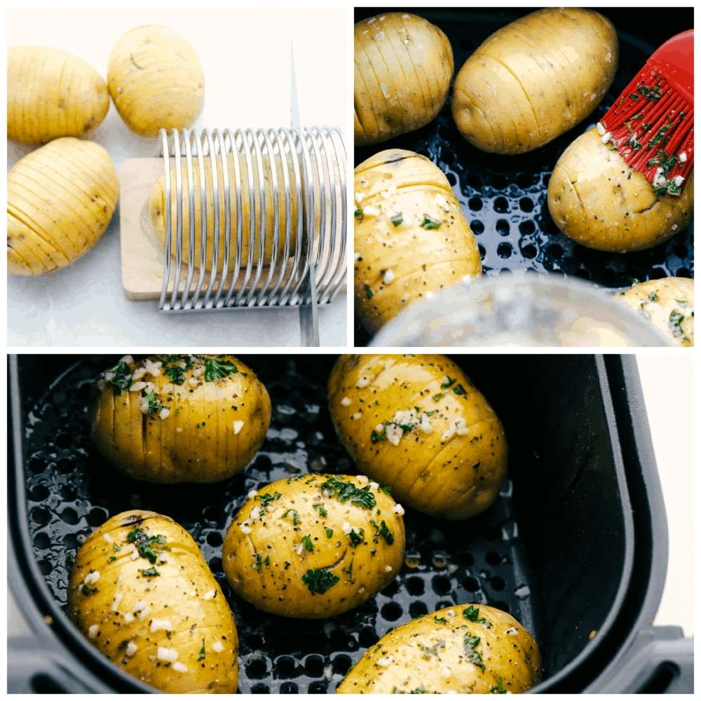 Air Fryer Garlic Butter Hasselback Potatoes are going to be your new favorite side dish. They are fried to a golden brown and the flavor is amazing! Preparing potatoes for the air fryer with butter, herbs and salt.
