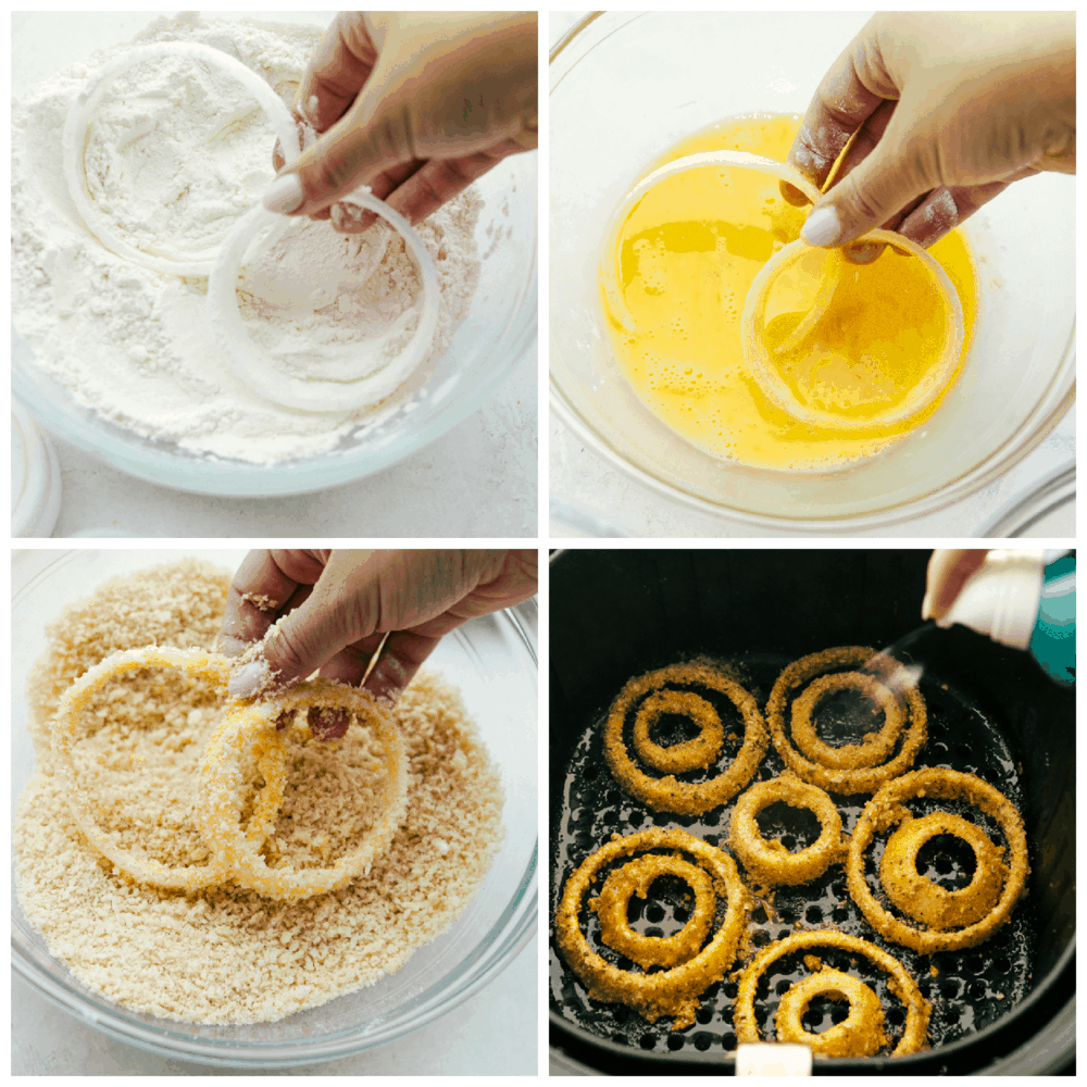 Crispy Air Fryer Onion Rings are going to be your new go to favorite. Golden, crunchy and cooked to perfection, these onion rings are so addicting! Dipping the onion rings in the flour, egg mixture and coating and then air frying.