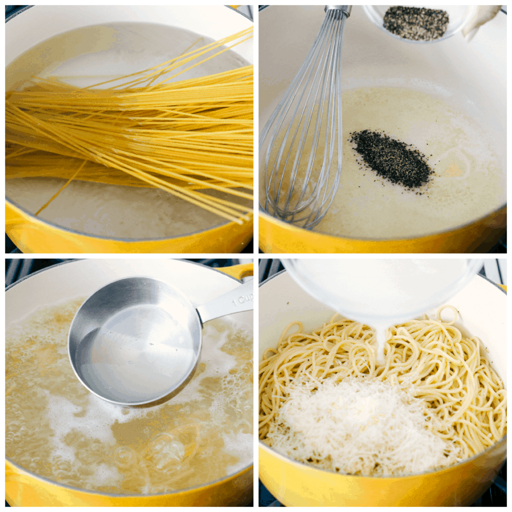 Cacio e Pepe is a quick cheesy dish that's sure to hit the spot. This is a comfort food that's easy and insanely delicious! Noodles in boiling water, making the sauce and adding the cheese for Caico de Pepe.