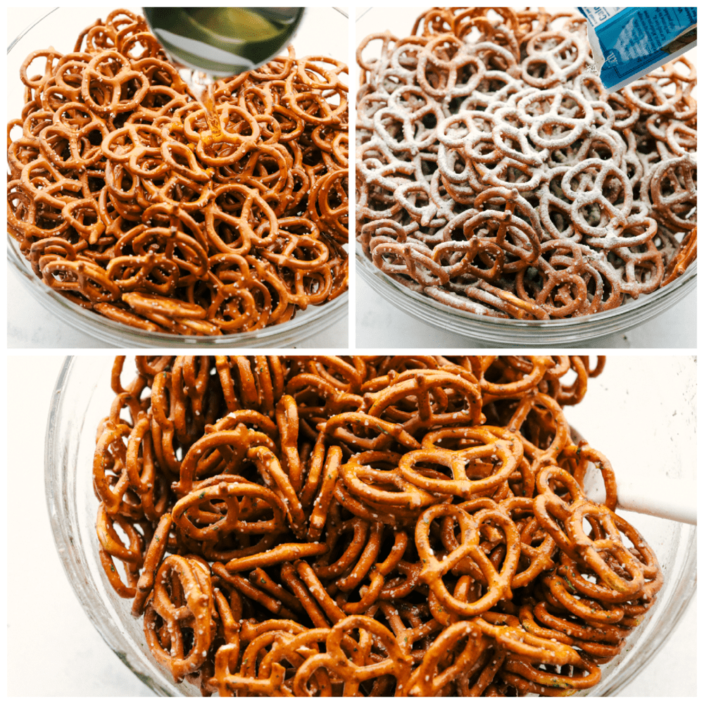 For a quick snack make these Ranch Pretzels. These make the best party, movie night, or after school snack! Making ranch pretzels with a bit of butter, ranch dressing powder and stirring.