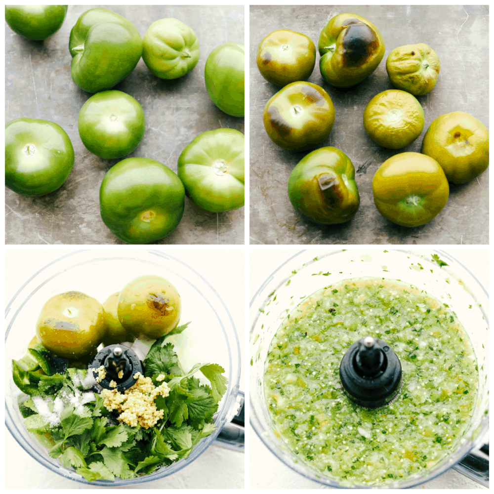 Salsa Verde is fresh, spicy and way better than anything you will find in a jar. Super easy and quick, whip it up for a party in no time! Tomatillos, roasted and other ingredients in food processor.
