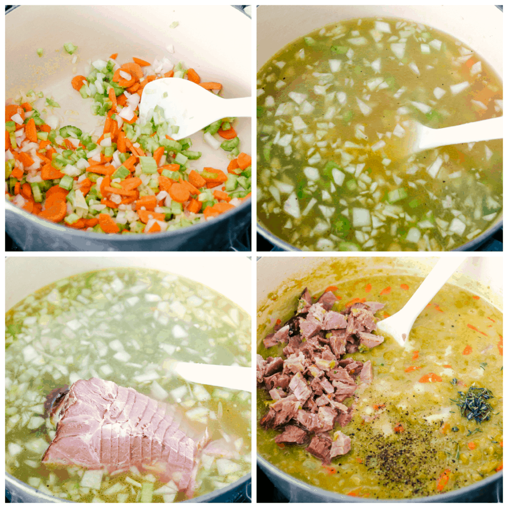 Split Pea Soup with ham is the perfect comfort food for any occasion. Full of vegetables, flavored with ham and cooked to perfection, you and your family are going to LOVE this soup. Sauteing vegetables, cooking the ham bone and stirring in ham for spit pea soup.