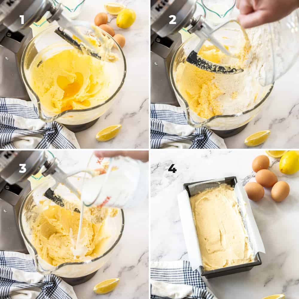 This bright and zesty glazed lemon pound cake is buttery, soft and topped with an easy lemon glaze. It is perfect for lemon lovers! 4 images showing the steps to making pound cake.
