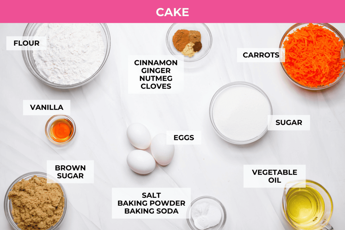 My carrot cake bars are so easy to make and unbelievably delicious. They are moist from the freshly grated carrots, perfectly spiced, and topped with an incredibly fluffy cream cheese frosting. Overhead shot of labeled carrot cake ingredients.