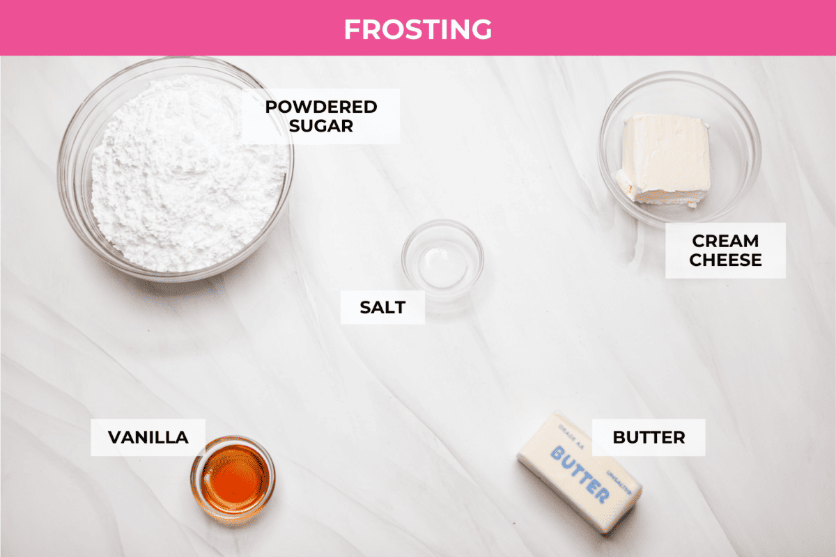 My carrot cake bars are so easy to make and unbelievably delicious. They are moist from the freshly grated carrots, perfectly spiced, and topped with an incredibly fluffy cream cheese frosting. Overhead shot of labeled frosting ingredients.