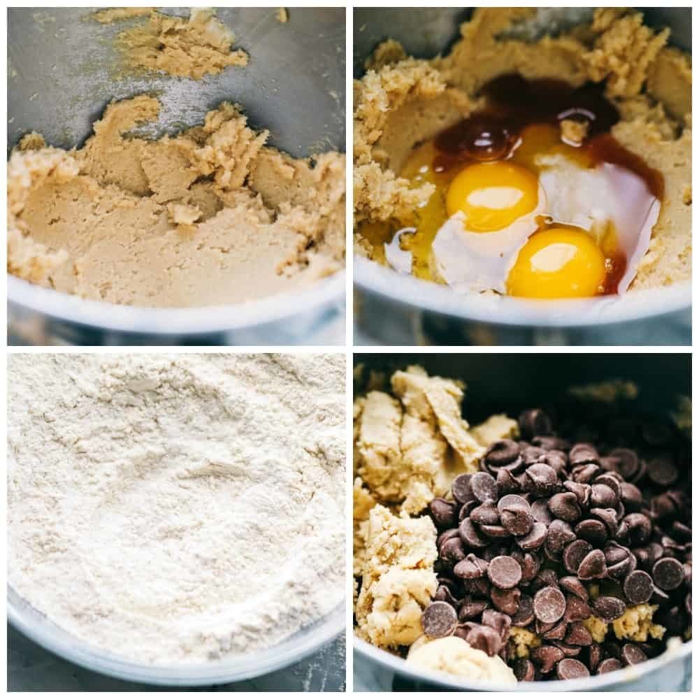 These are the Best Chocolate Chip Cookies that turn out perfectly every single time and don't require any chilling. This is a classic tried and true chocolate chip cookie recipe that you will make again and again! 4 pictures in a collage showing how to mix all of the ingredients together.
