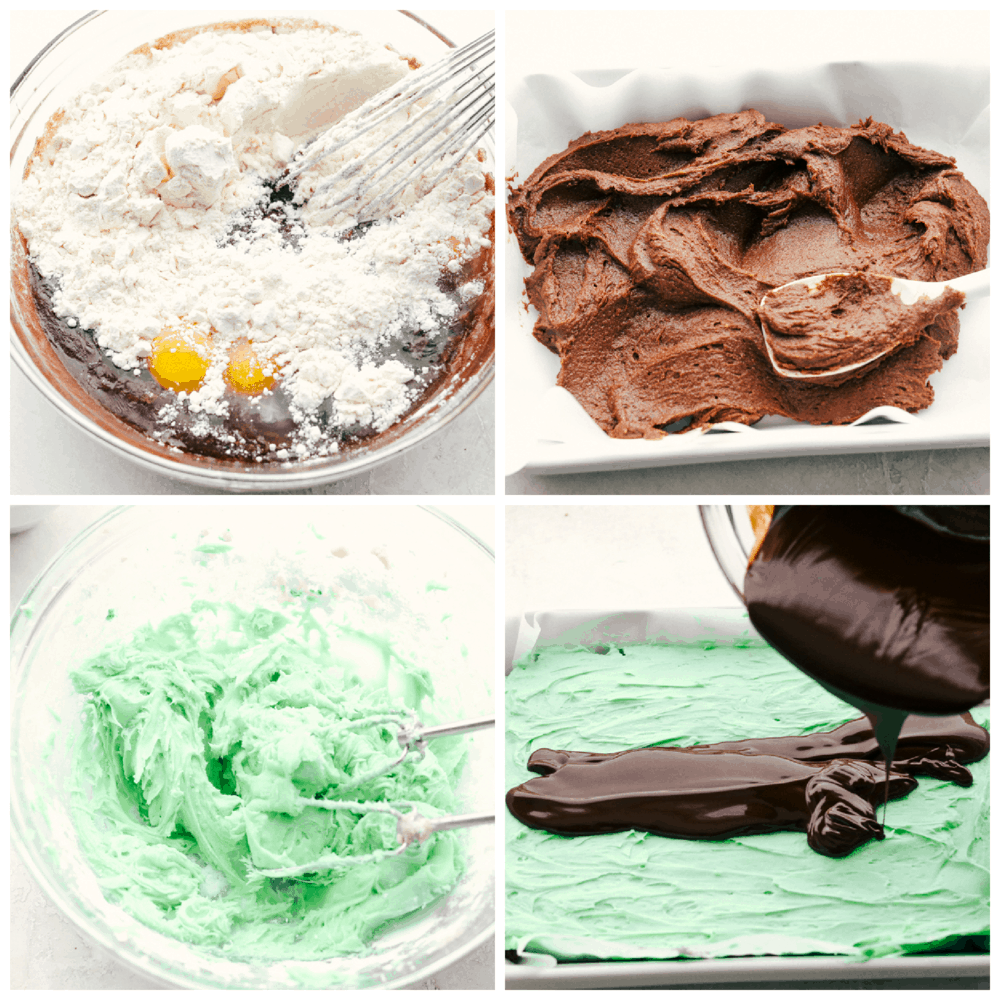 These are the Absolute Best Mint Brownies Ever! They have a thick fudgy brownie bottom, soft mint middle and a smooth, melt in your mouth ganache top! Making the brownies, mint filling and chocolate frosting.