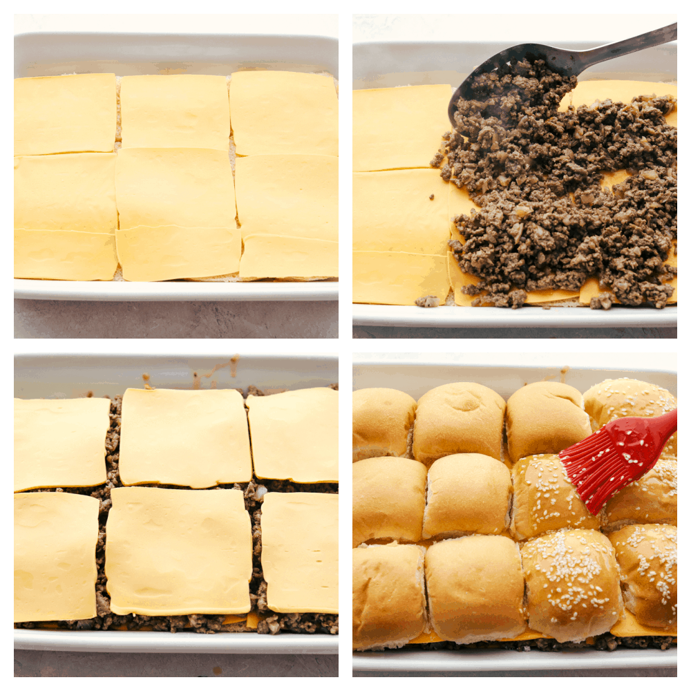 Cheeseburger Sliders are the best thing to happen to rolls since butter! These are fast, easy, and absolutely delicious. A sheet pan with sliced rolls and cheese on top, placing the hamburger and more cheese, then brushing the tops with sesame seeds.